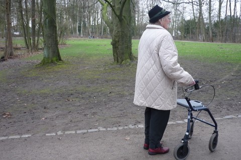 Eine ältere Damen schiebt einen Rollator durch den Park, es ist beginnender Frühling, die Bäume sind aber noch blattlos.