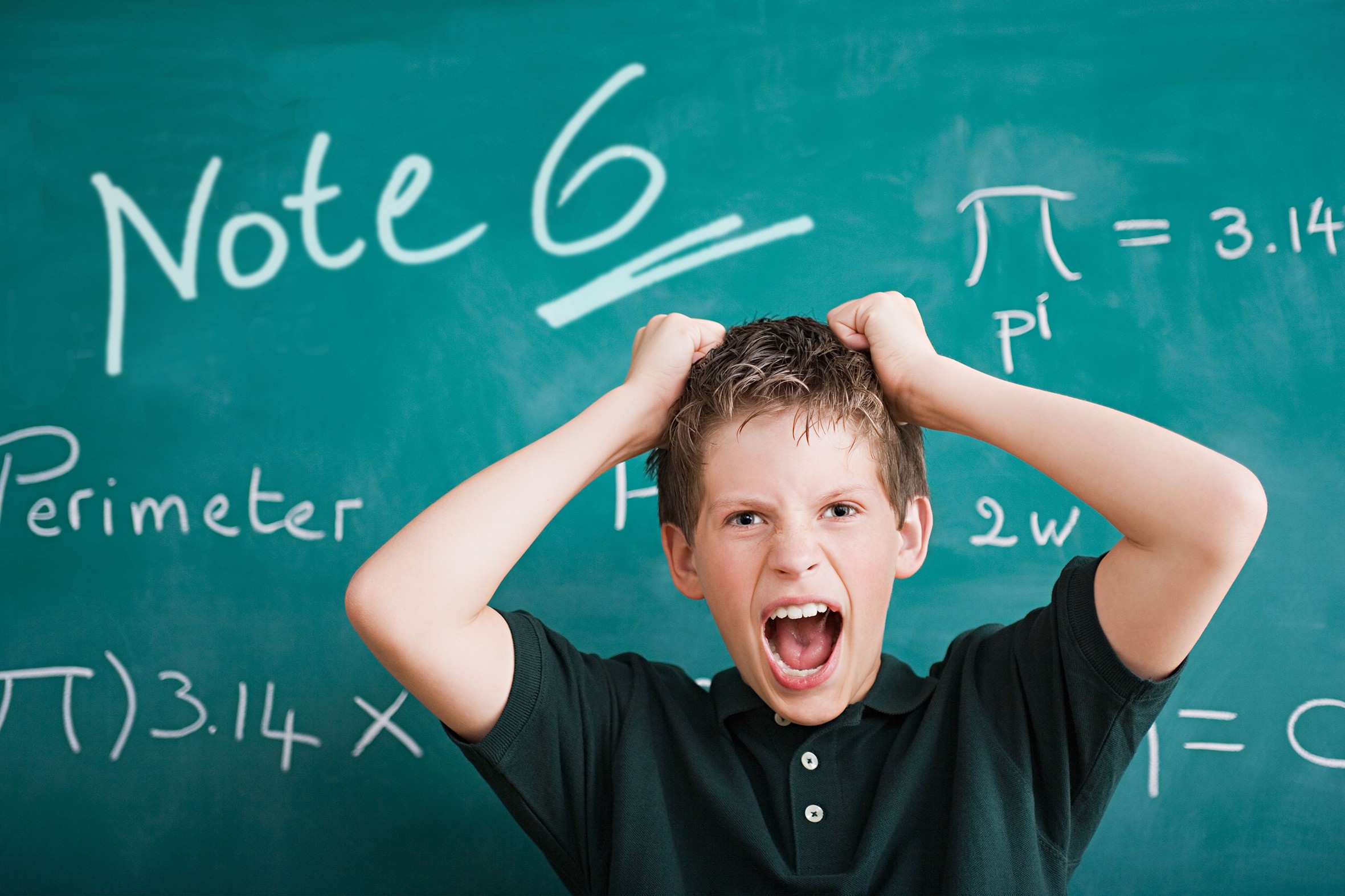 Das Foto zeigt einen Schüler, der sich die Haare rauft vor einer Tafel mit einer "sechs" drauf.