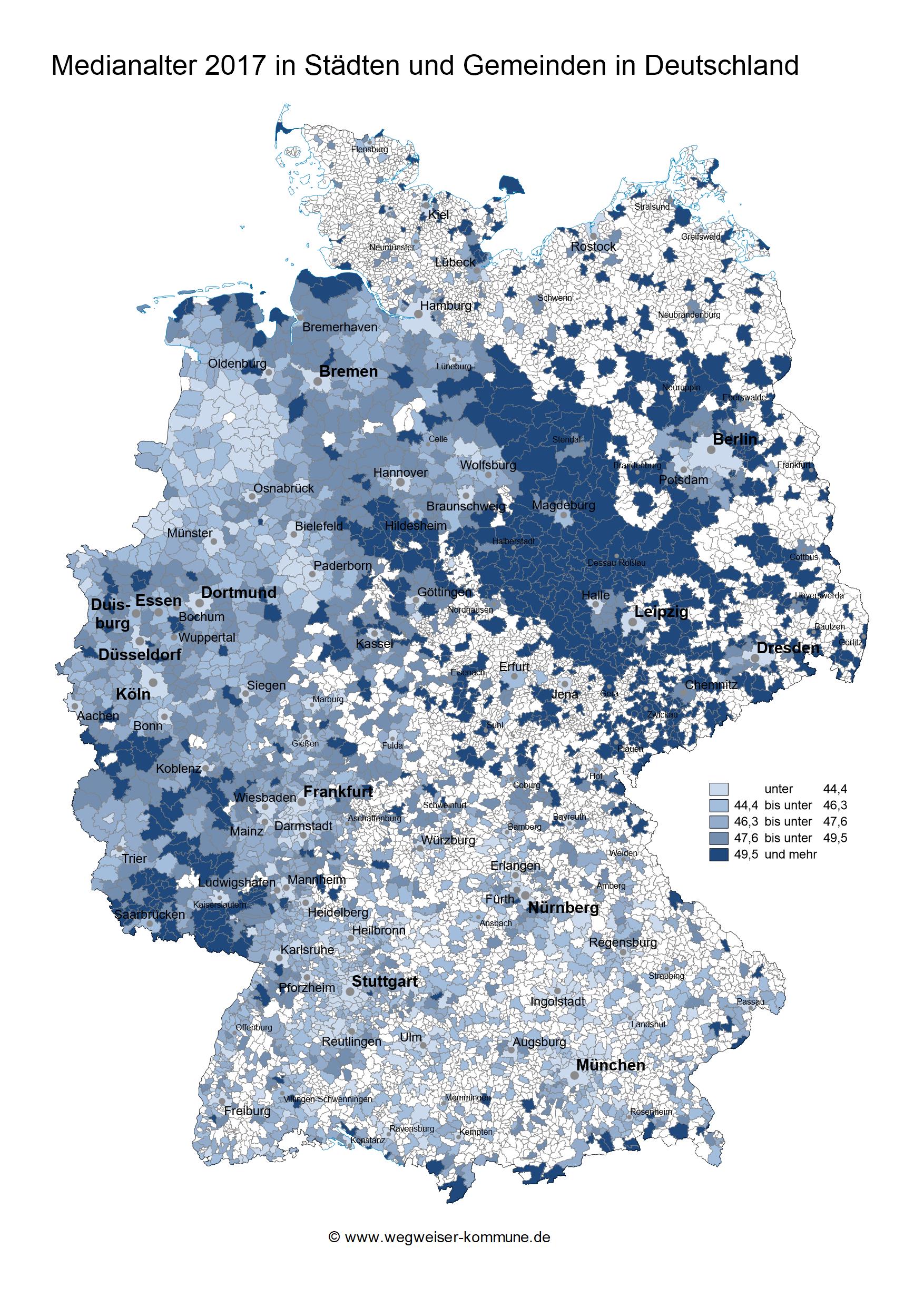 Das MEdianalter 2017 in St&auml;dten und Gemeinden, visualisiert auf einer Deutschlandkarte