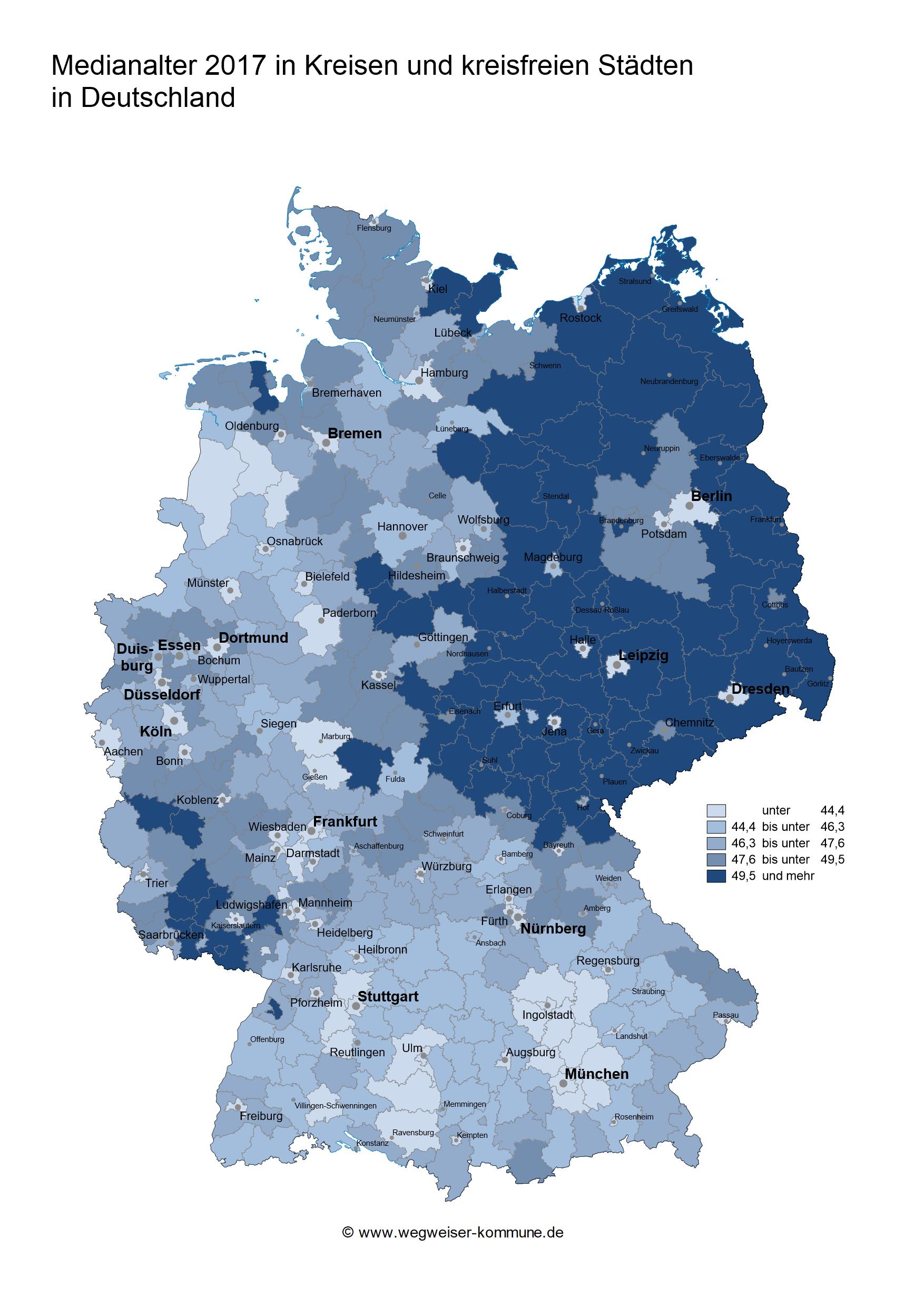 Medianalter 2017 in Kreisen und kreisfreien St&auml;dten